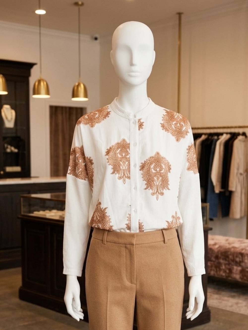 White Button-Up Blouse with Tan Paisley Motif